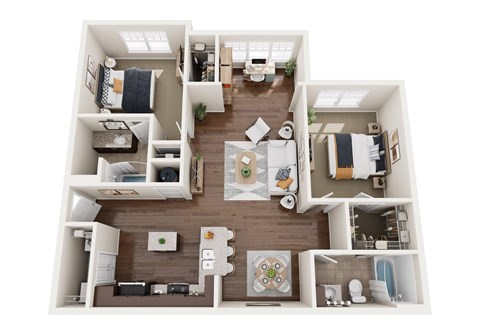 A top-down view of a small apartment layout with a kitchen, living room, and bathroom.